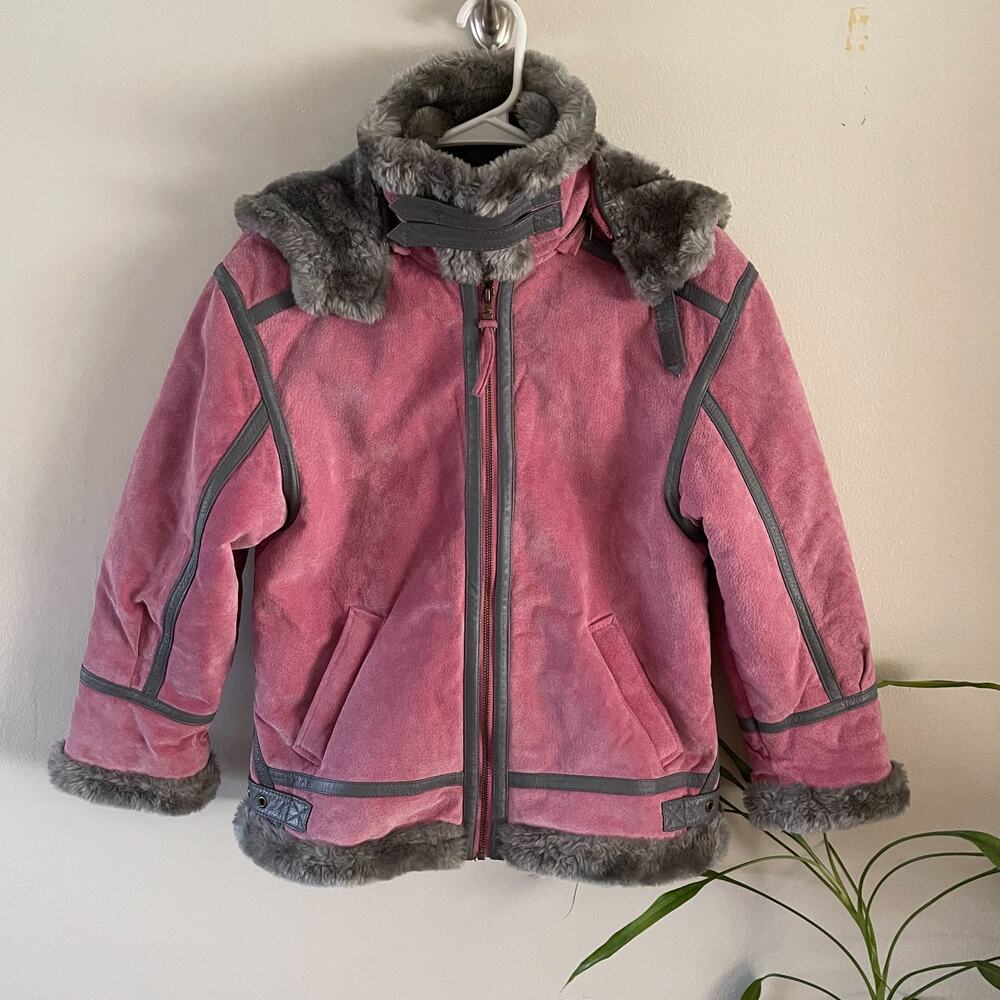 Vintage Shebang USA Pink Leather Hooded Faux Fur Coat Jacket Girls Medium